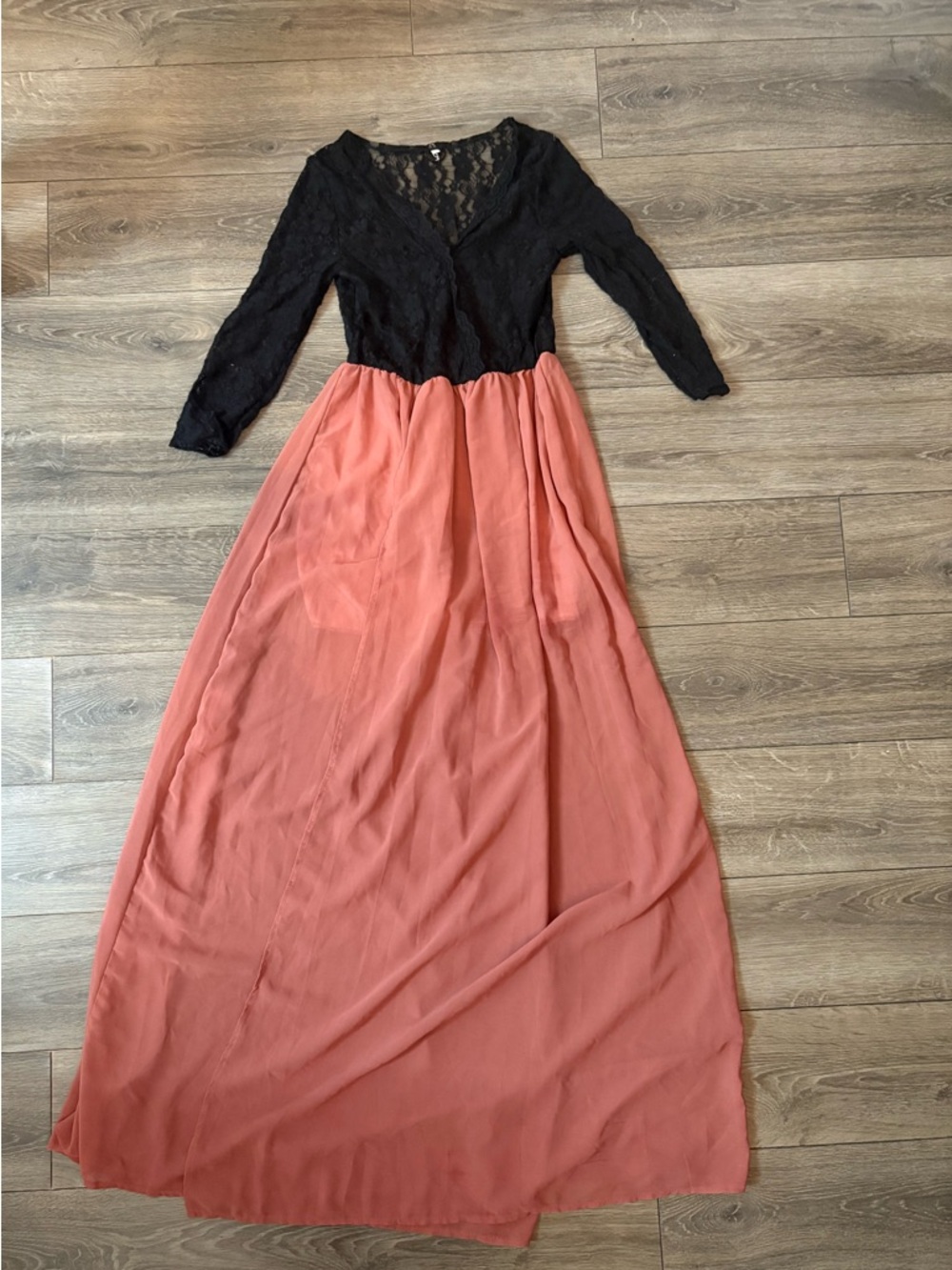 Ya Los Angeles Black Lace Bodice Maxi Dress with Rose-Mauve Skirt